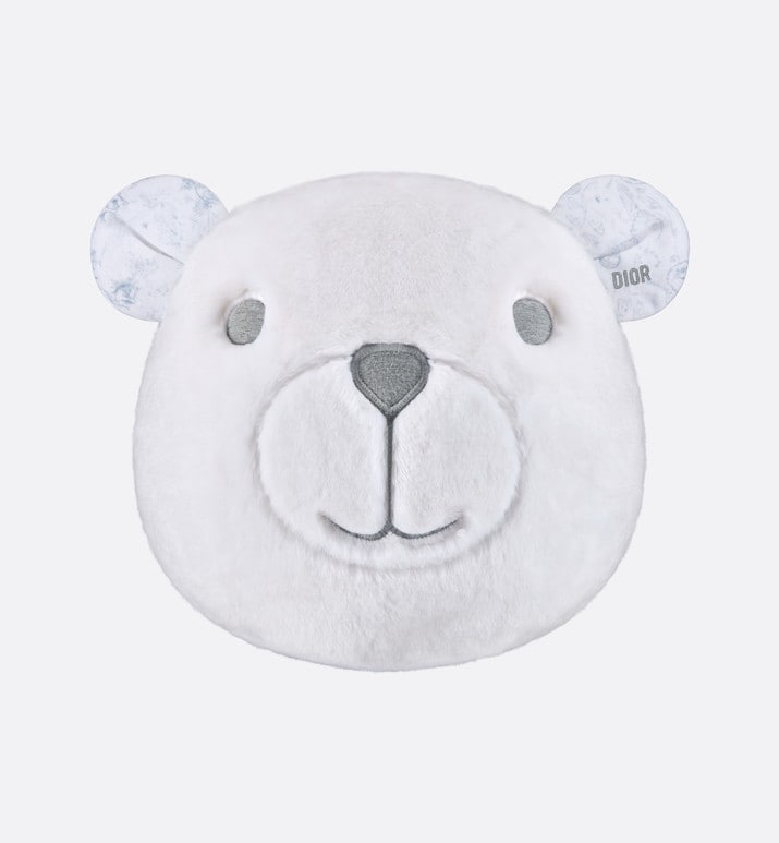 Bear Head Stuffed Toy • Ivory Faux Fur and Cotton Jersey Printed with Gray Toile de Jouy