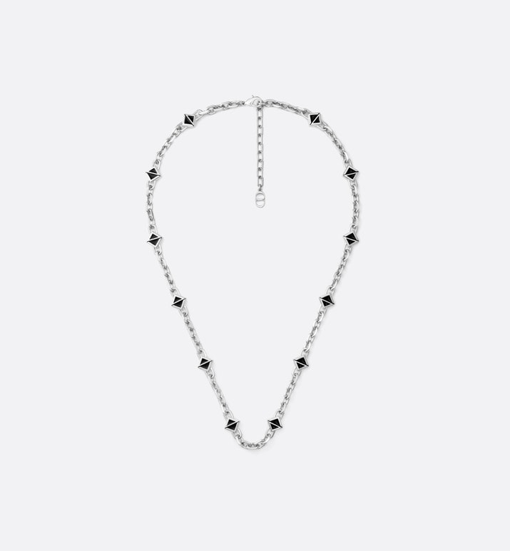 CD Diamond Thin Chain Link Necklace • Silver-Finish Brass and Black Resin