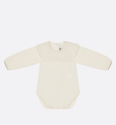 Baby Long-Sleeved Onesie • Ivory Jersey and Cotton Voile with Gold-Tone Cannage