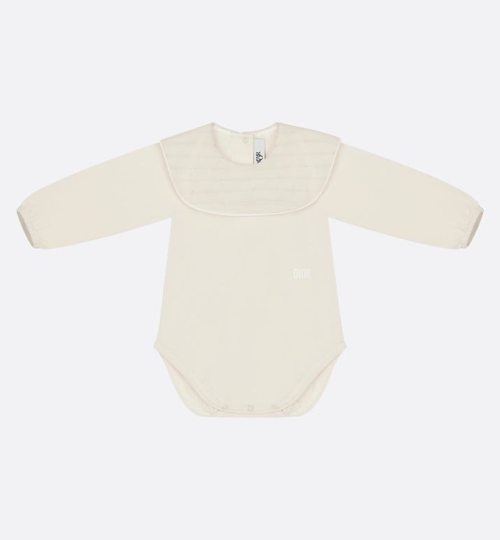 Baby Long-Sleeved Onesie • Ivory Jersey and Cotton Voile with Gold-Tone Cannage