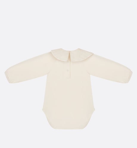 Baby Long-Sleeved Onesie • Ivory Jersey and Cotton Voile with Gold-Tone Cannage