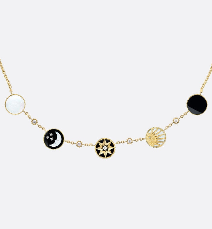 Rose Des Vents and Rose Céleste Necklace • Yellow and White Gold, Diamond, Mother-of-Pearl and Onyx