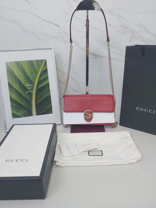 Gucci Gold GG Interlocking Leather WOC Wallet on Chain Crossbody Bag Red 510314 41207263