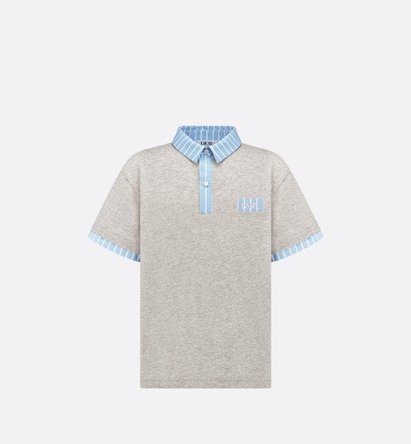 Kid's Polo Shirt • Heathered Gray Cotton Jersey and White Cotton Poplin with Sky Blue Stripes