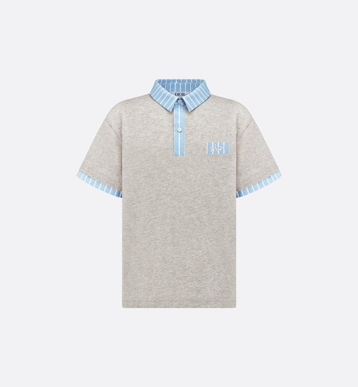 Kid's Polo Shirt • Heathered Gray Cotton Jersey and White Cotton Poplin with Sky Blue Stripes