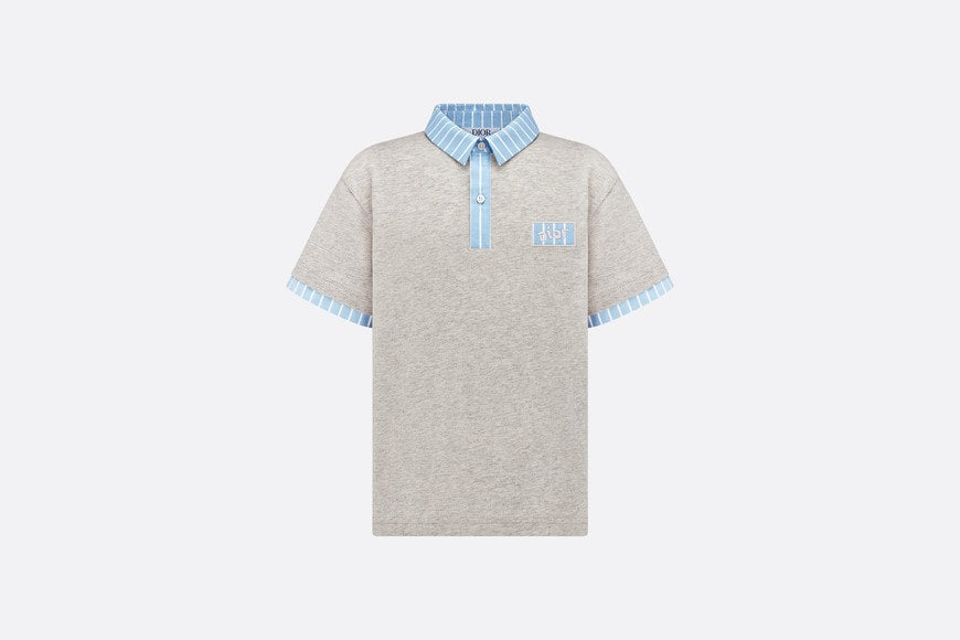 Kid's Polo Shirt • Heathered Gray Cotton Jersey and White Cotton Poplin with Sky Blue Stripes