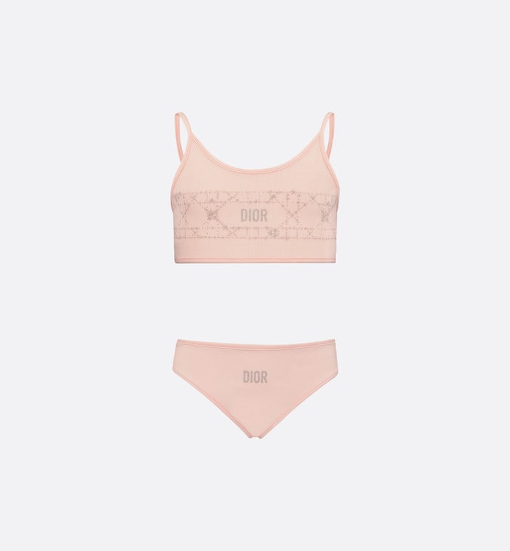 Kid's Two-Piece Swimsuit • Pale Pink Technical Fabric with Pale Gold-Tone Cannage Motif