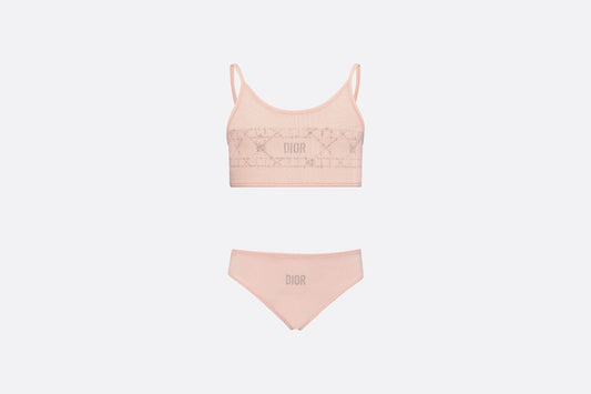 Kid's Two-Piece Swimsuit • Pale Pink Technical Fabric with Pale Gold-Tone Cannage Motif