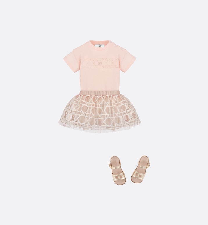 Baby T-Shirt • Pale Pink Cotton Jersey with Pale Gold-Tone Cannage Motif