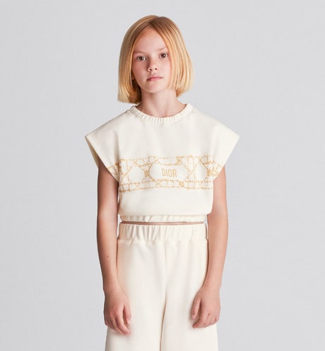 Kid's Sleeveless Cropped T-Shirt • Ivory Cotton-Blend Fleece with Pale Gold-Tone Cannage Motif