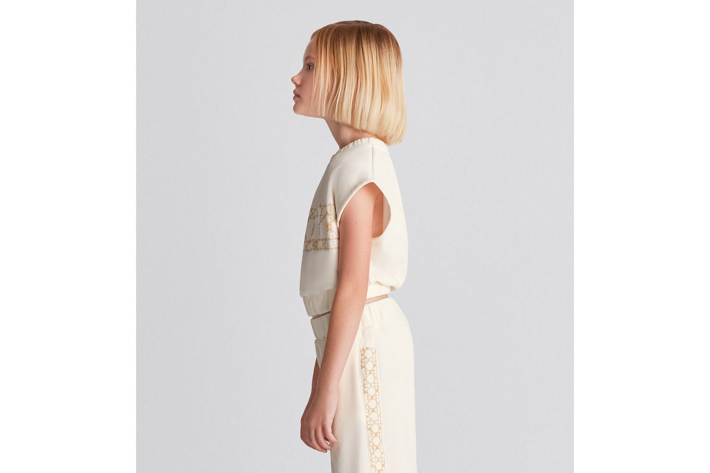 Kid's Sleeveless Cropped T-Shirt • Ivory Cotton-Blend Fleece with Pale Gold-Tone Cannage Motif