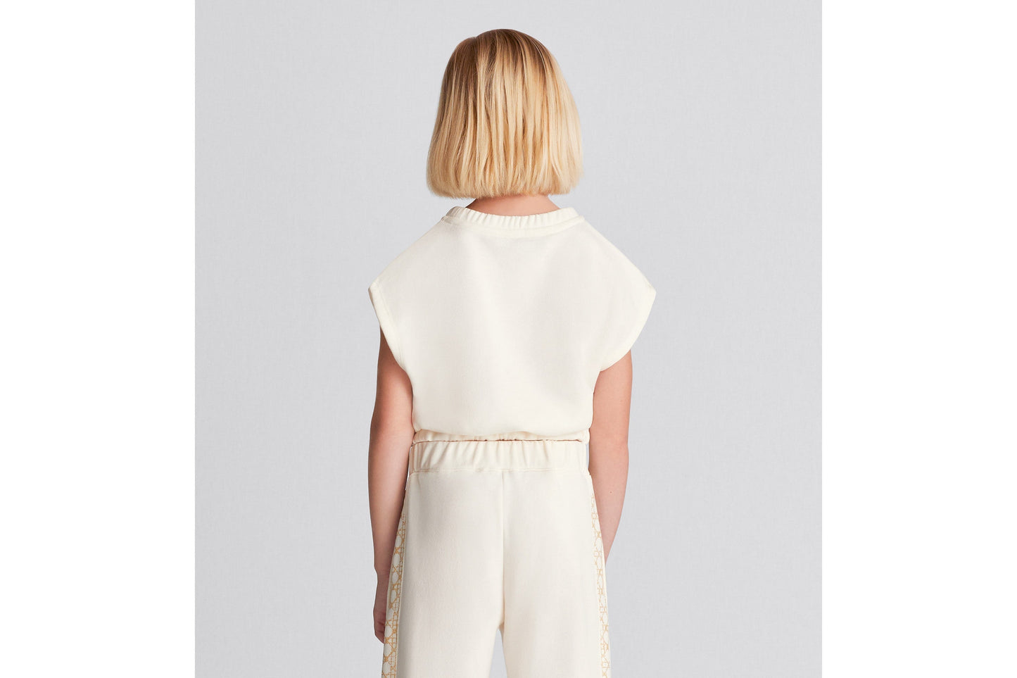 Kid's Sleeveless Cropped T-Shirt • Ivory Cotton-Blend Fleece with Pale Gold-Tone Cannage Motif