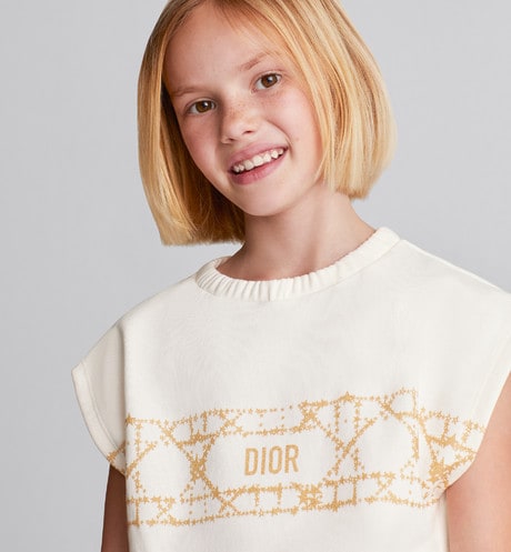 Kid's Sleeveless Cropped T-Shirt • Ivory Cotton-Blend Fleece with Pale Gold-Tone Cannage Motif