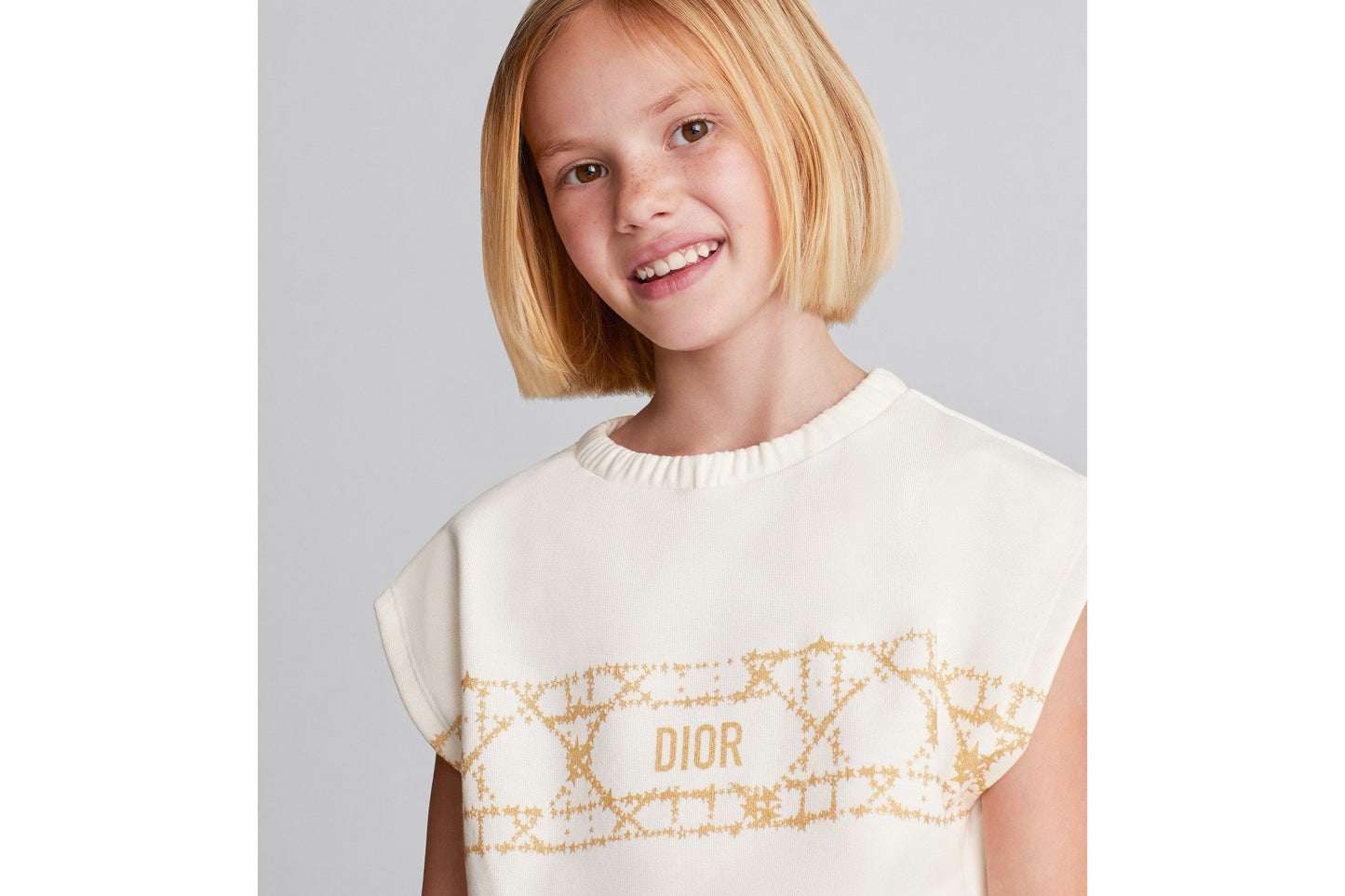 Kid's Sleeveless Cropped T-Shirt • Ivory Cotton-Blend Fleece with Pale Gold-Tone Cannage Motif
