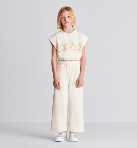 Kid's Loose Pants • Ivory Cotton-Blend Fleece with Pale Gold-Tone Cannage Motif