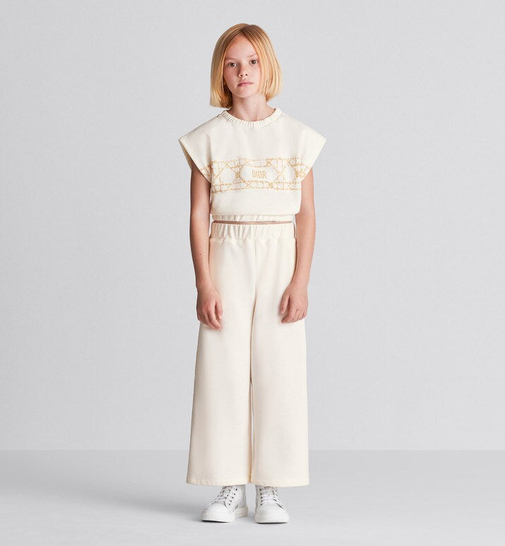 Kid's Loose Pants • Ivory Cotton-Blend Fleece with Pale Gold-Tone Cannage Motif