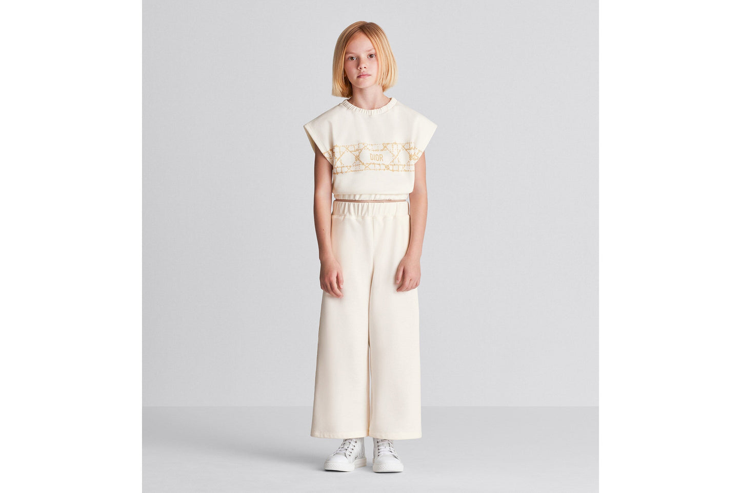 Kid's Loose Pants • Ivory Cotton-Blend Fleece with Pale Gold-Tone Cannage Motif