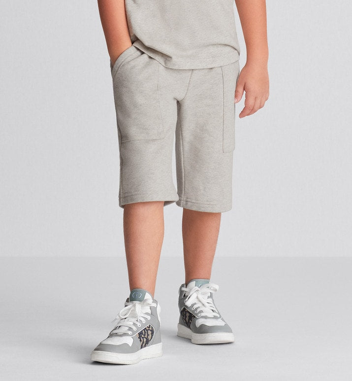 B27 Kid's High-Top Sneaker • Gray and White Smooth Calfskin with Beige and Black Dior Oblique Jacquard