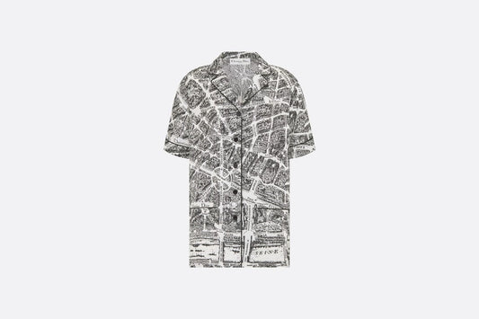 Short-Sleeved Shirt • White and Black Silk Twill with Plan de Paris Motif