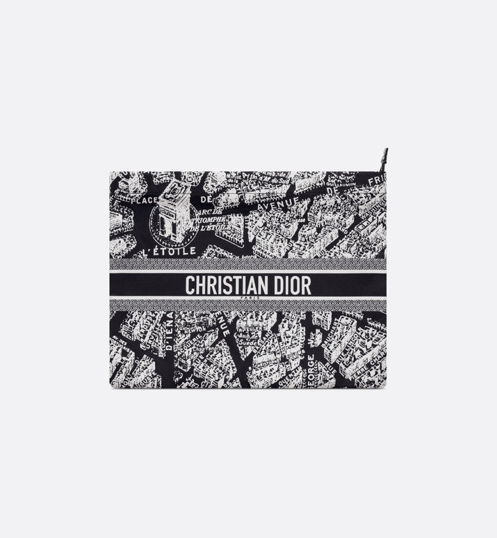 DiorTravel Zipped Pouch • Black and White Technical Fabric with Plan de Paris Motif