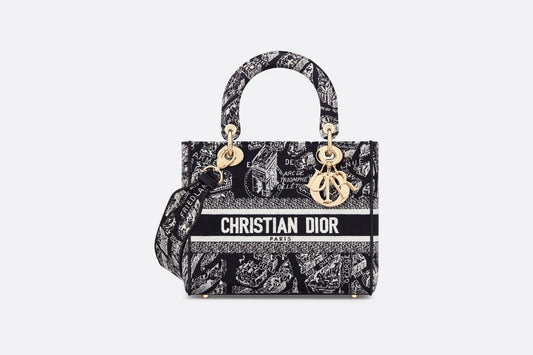 Medium Lady D-Lite Bag • Black and White Plan de Paris Embroidery