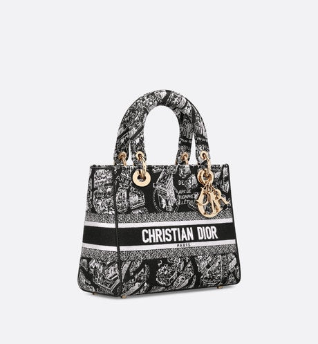 Medium Lady D-Lite Bag • Black and White Plan de Paris Embroidery