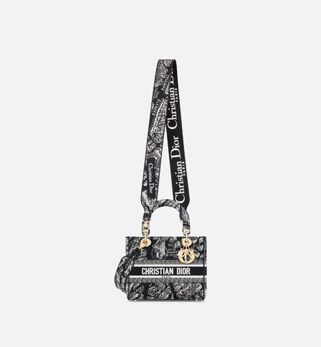 Medium Lady D-Lite Bag • Black and White Plan de Paris Embroidery
