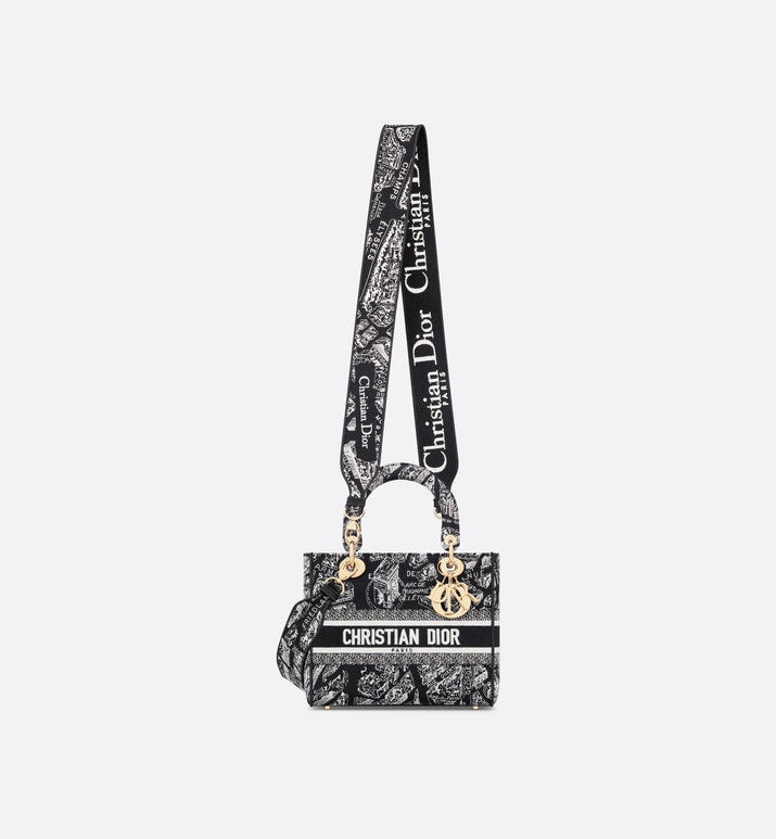 Medium Lady D-Lite Bag • Black and White Plan de Paris Embroidery