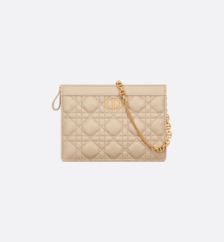Dior Caro Zipped Pouch with Chain • Sand-Colored Supple Cannage Calfskin