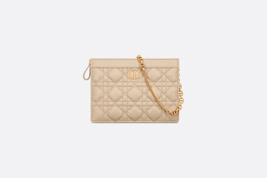 Dior Caro Zipped Pouch with Chain • Sand-Colored Supple Cannage Calfskin