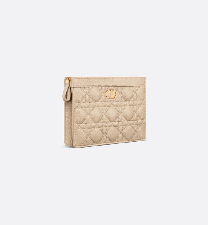 Dior Caro Zipped Pouch with Chain • Sand-Colored Supple Cannage Calfskin