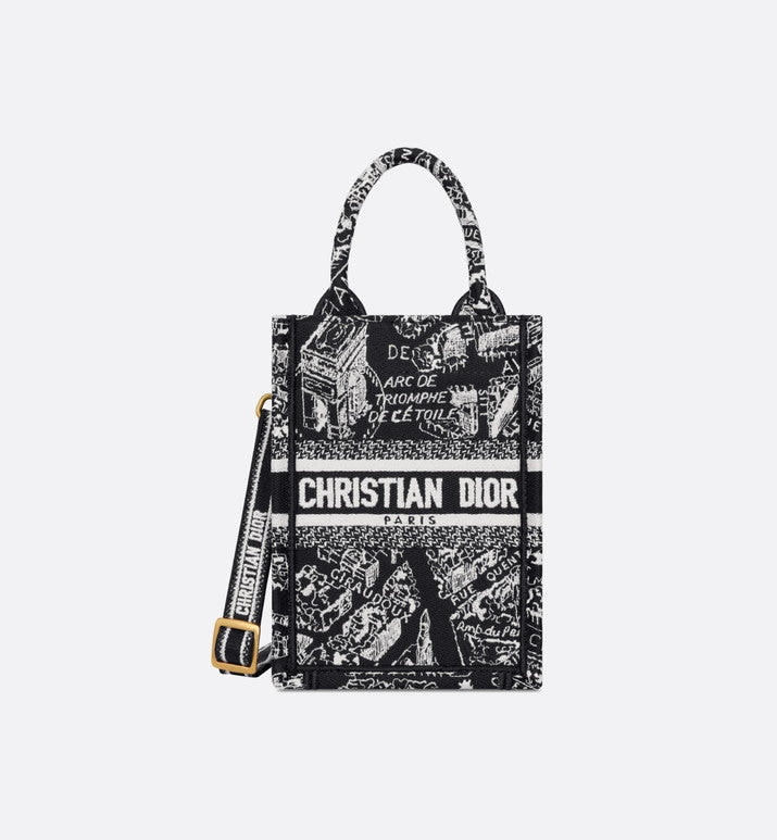 Mini Dior Book Tote Phone Bag • Black and White Plan de Paris Embroidery (13 x 18 x 5 cm)