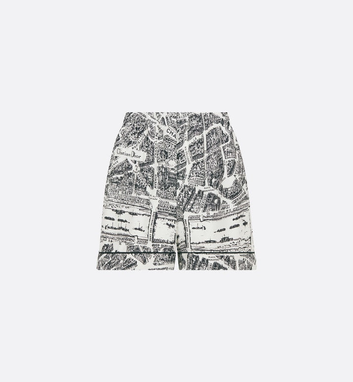 Shorts • White and Black Silk Twill with Plan de Paris Motif
