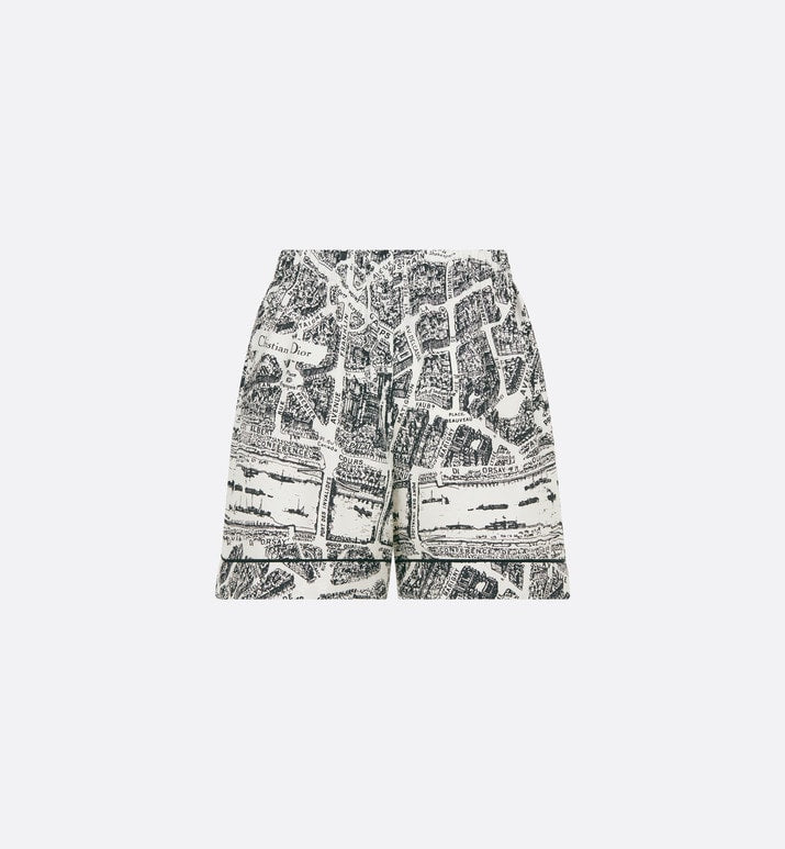 Shorts • White and Black Silk Twill with Plan de Paris Motif