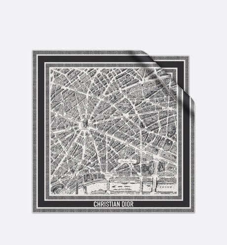 Plan de Paris 90 Square Scarf • White and Black Silk Twill