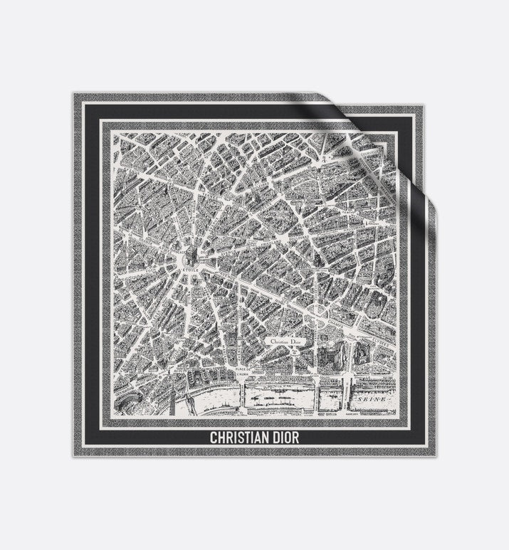 Plan de Paris 90 Square Scarf • White and Black Silk Twill