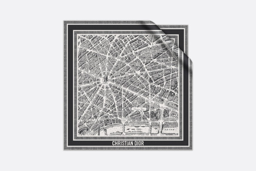 Plan de Paris 90 Square Scarf • White and Black Silk Twill