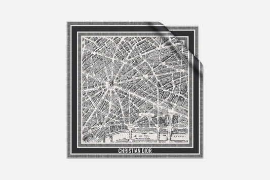 Plan de Paris 90 Square Scarf • White and Black Silk Twill