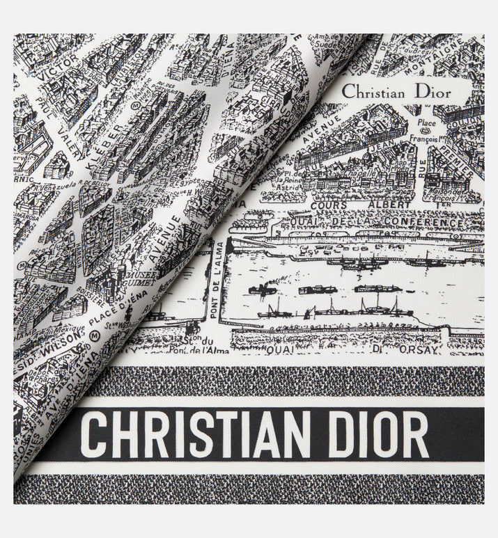 Plan de Paris 90 Square Scarf • White and Black Silk Twill