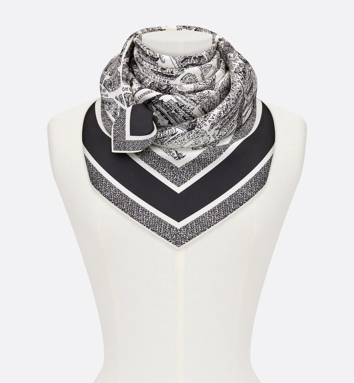 Plan de Paris 90 Square Scarf • White and Black Silk Twill