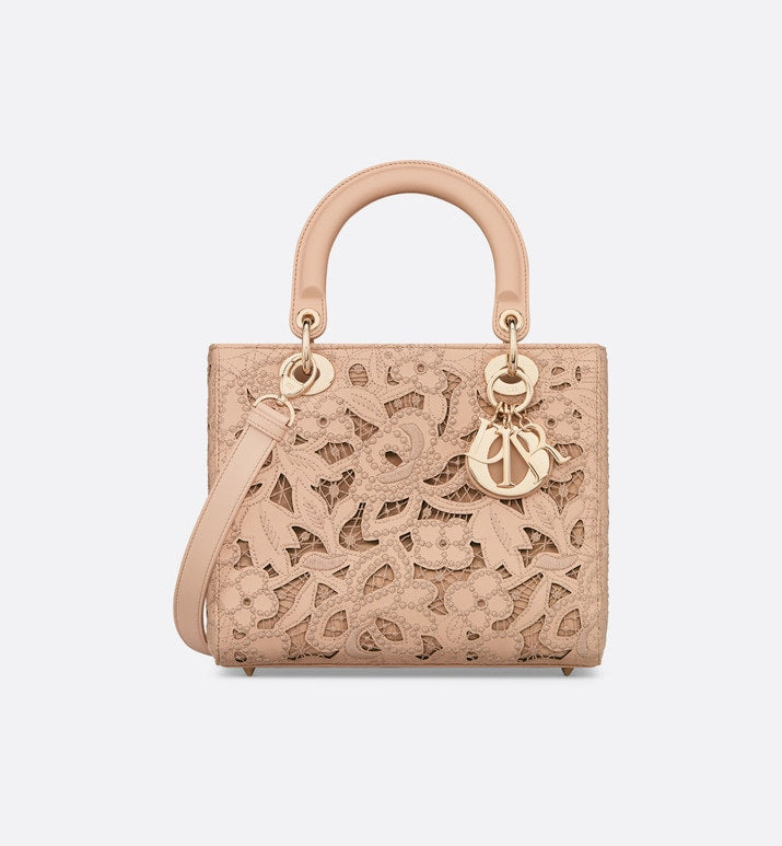 Medium Lady Dior Bag • Sand Pink Calfskin and D-Lace Embroidery with Macramé Effect