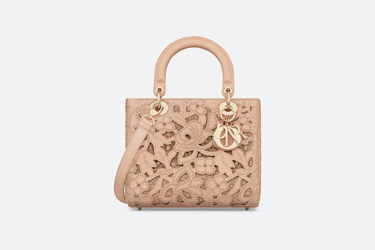 Medium Lady Dior Bag • Sand Pink Calfskin and D-Lace Embroidery with Macramé Effect