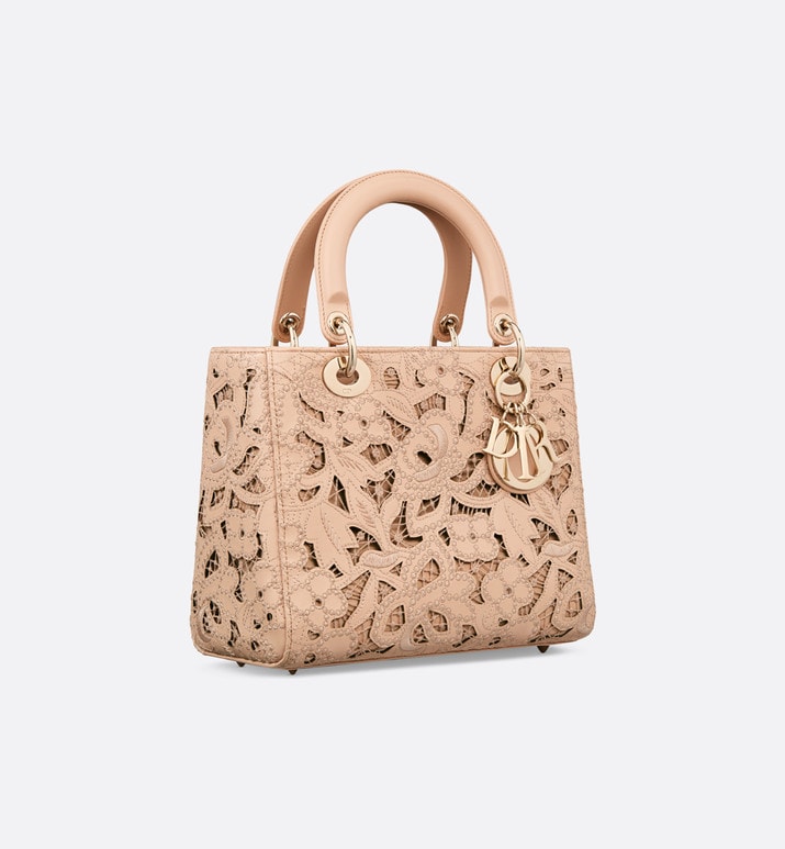 Medium Lady Dior Bag • Sand Pink Calfskin and D-Lace Embroidery with Macramé Effect