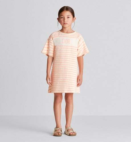 Kid's A-Line Dress • Ivory Velvet Jersey Jacquard with Light Coral Pink Stripes