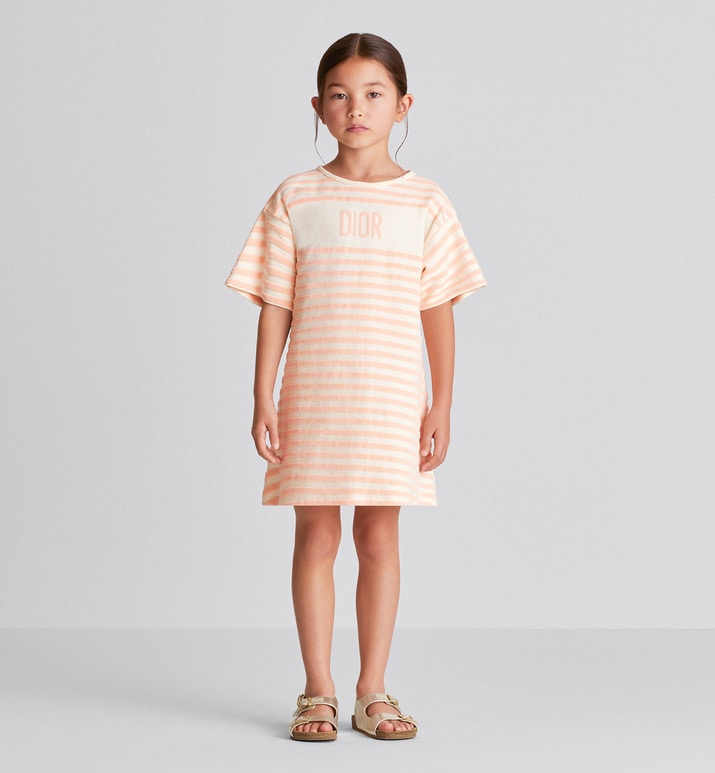 Kid's A-Line Dress • Ivory Velvet Jersey Jacquard with Light Coral Pink Stripes