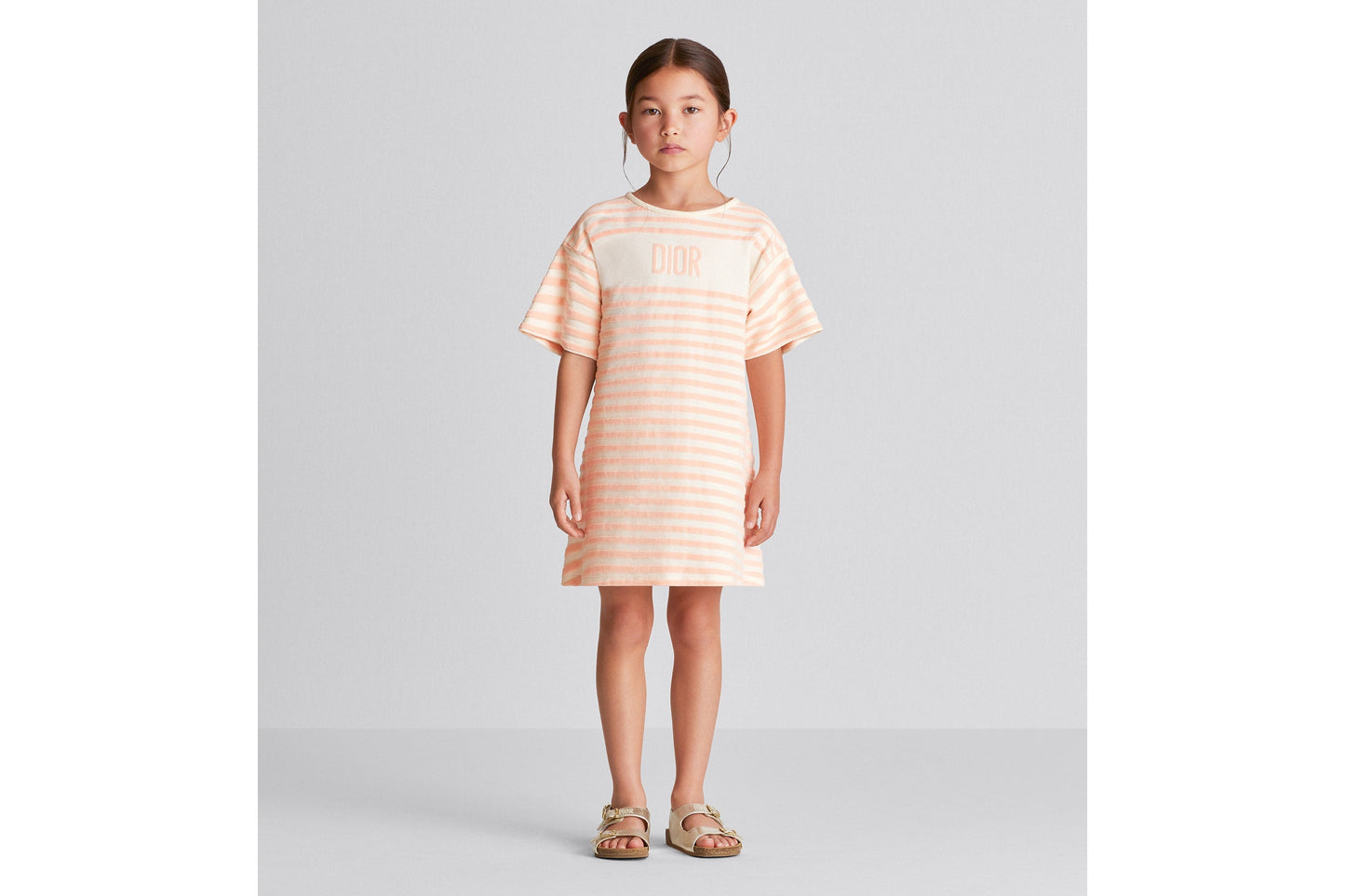 Kid's A-Line Dress • Ivory Velvet Jersey Jacquard with Light Coral Pink Stripes