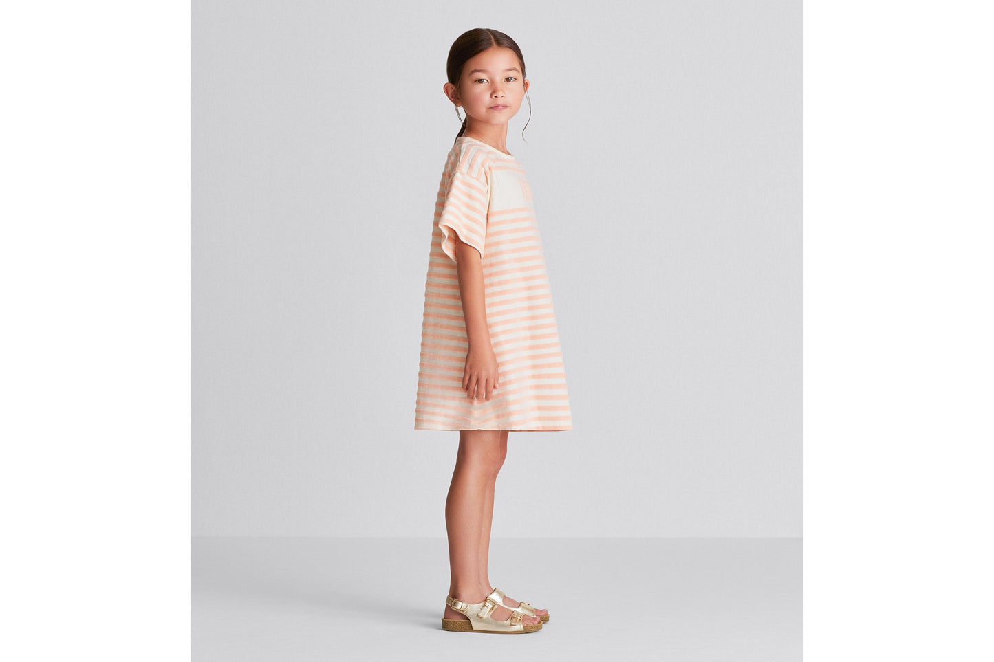 Kid's A-Line Dress • Ivory Velvet Jersey Jacquard with Light Coral Pink Stripes