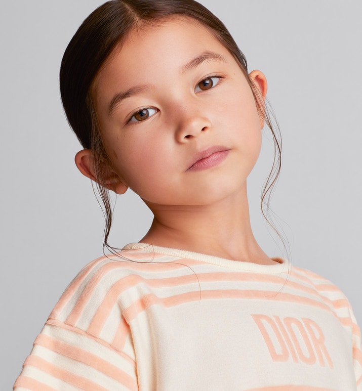 Kid's A-Line Dress • Ivory Velvet Jersey Jacquard with Light Coral Pink Stripes