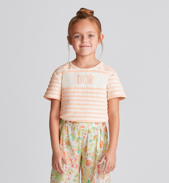 Kid's T-Shirt • Ivory Velvet Jersey Jacquard with Light Coral Pink Stripes