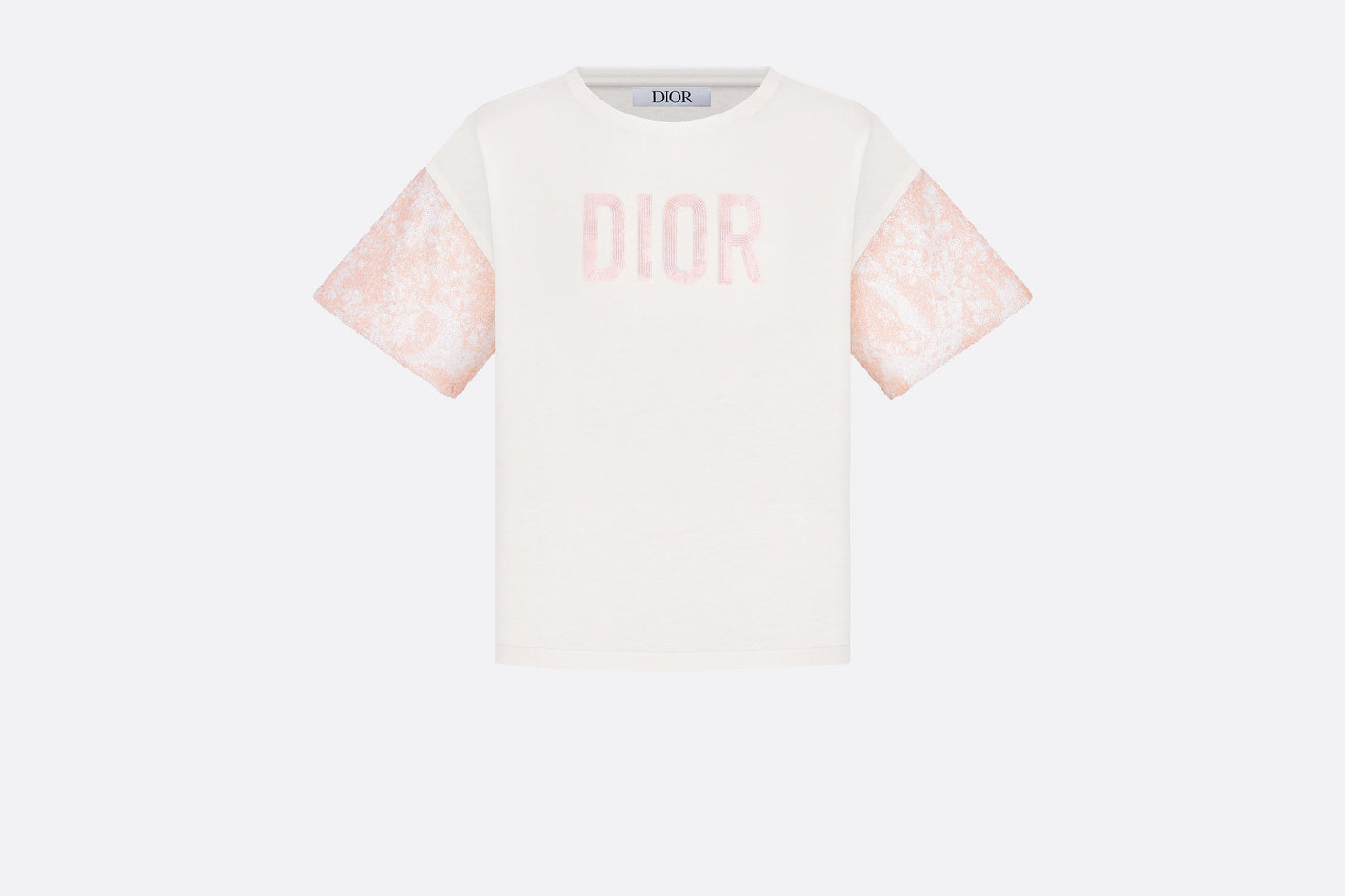 Kid's T-Shirt • Ivory Cotton Jersey and Sequin-Embroidered Tulle with Pink and Ivory Lily of the Valley Print